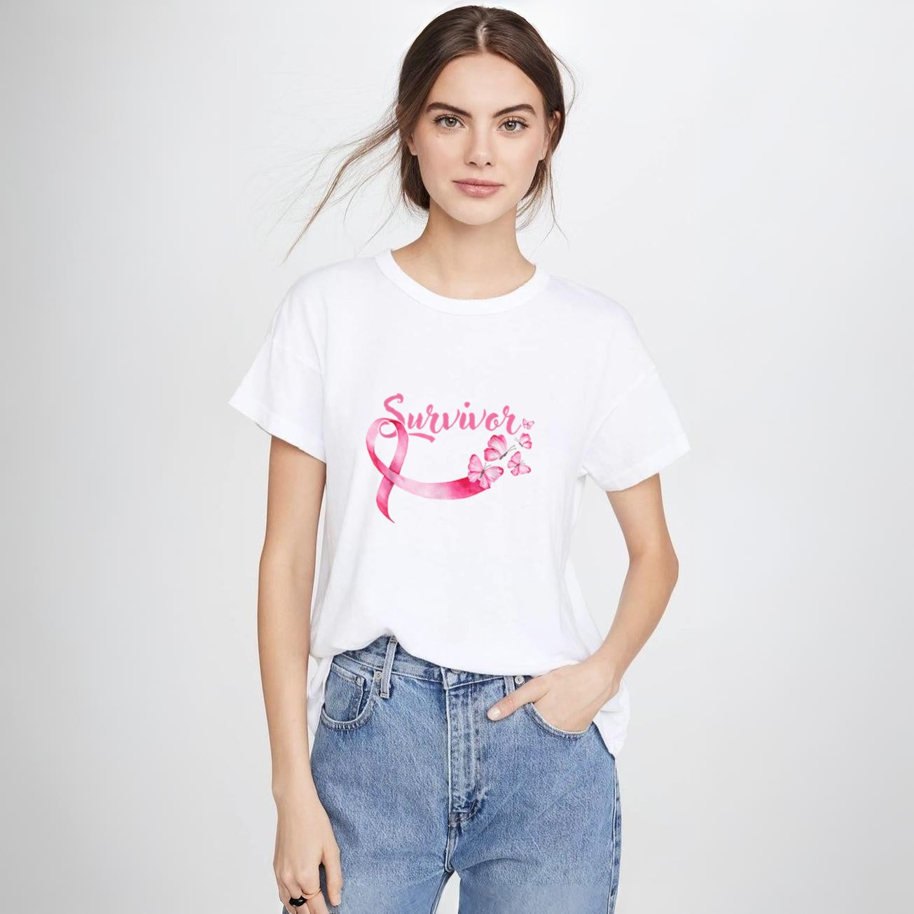 Breast Cancer Awareness Pink Butterflies Band Survivors T-Shirt